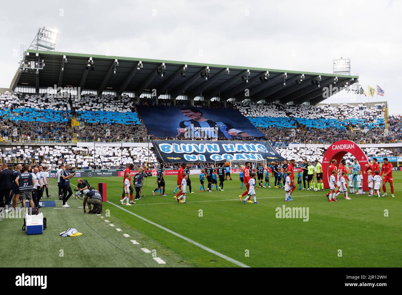 Club's supporters and new tifo pictured at the start of a soccer match between Club Brugge and KV Kortrijk, Sunday 21 August 2022 in Brugge, on day 5 of the 2022-2023 'Jupiler Pro League' first division of the Belgian championship. BELGA PHOTO KURT DESPLENTER Stock Photo