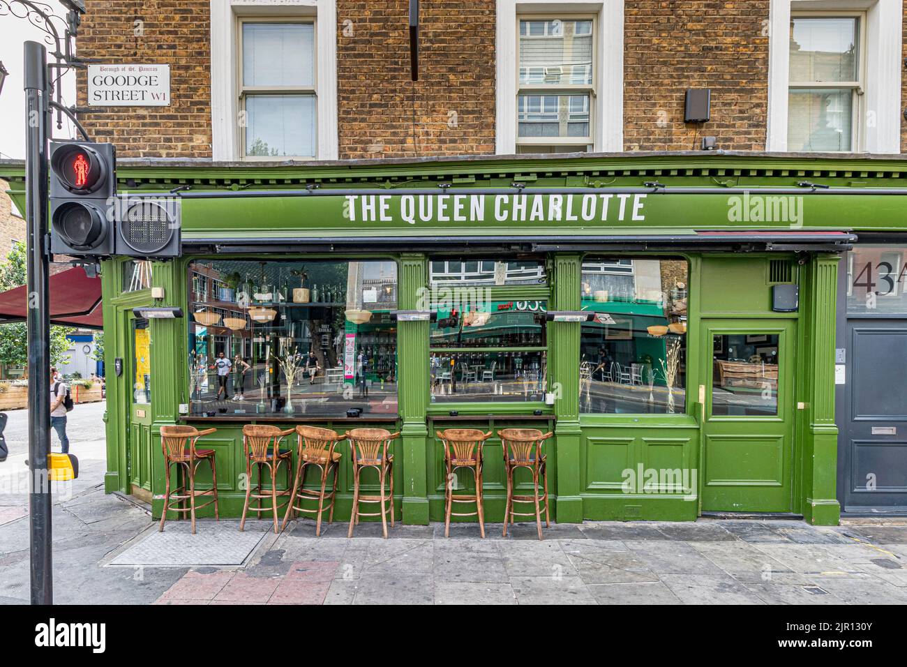 The Queen Charlotte is a Brewdog draft pub located on the corner of Goodge street and Charlotte Street in the heart of Fitzrovia, London W1 Stock Photo