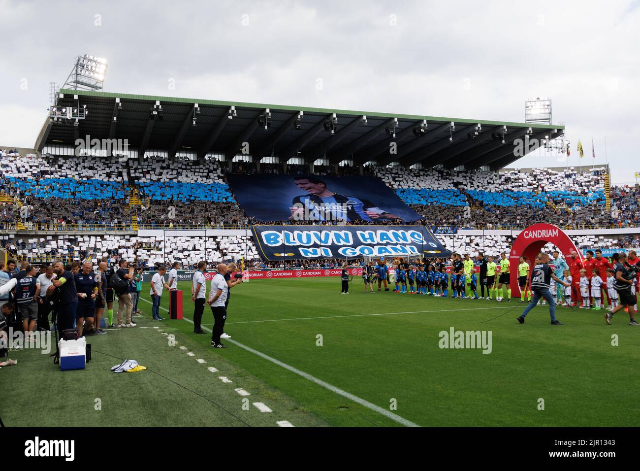Club's supporters and new tifo pictured at the start of a soccer match between Club Brugge and KV Kortrijk, Sunday 21 August 2022 in Brugge, on day 5 of the 2022-2023 'Jupiler Pro League' first division of the Belgian championship. BELGA PHOTO KURT DESPLENTER Stock Photo