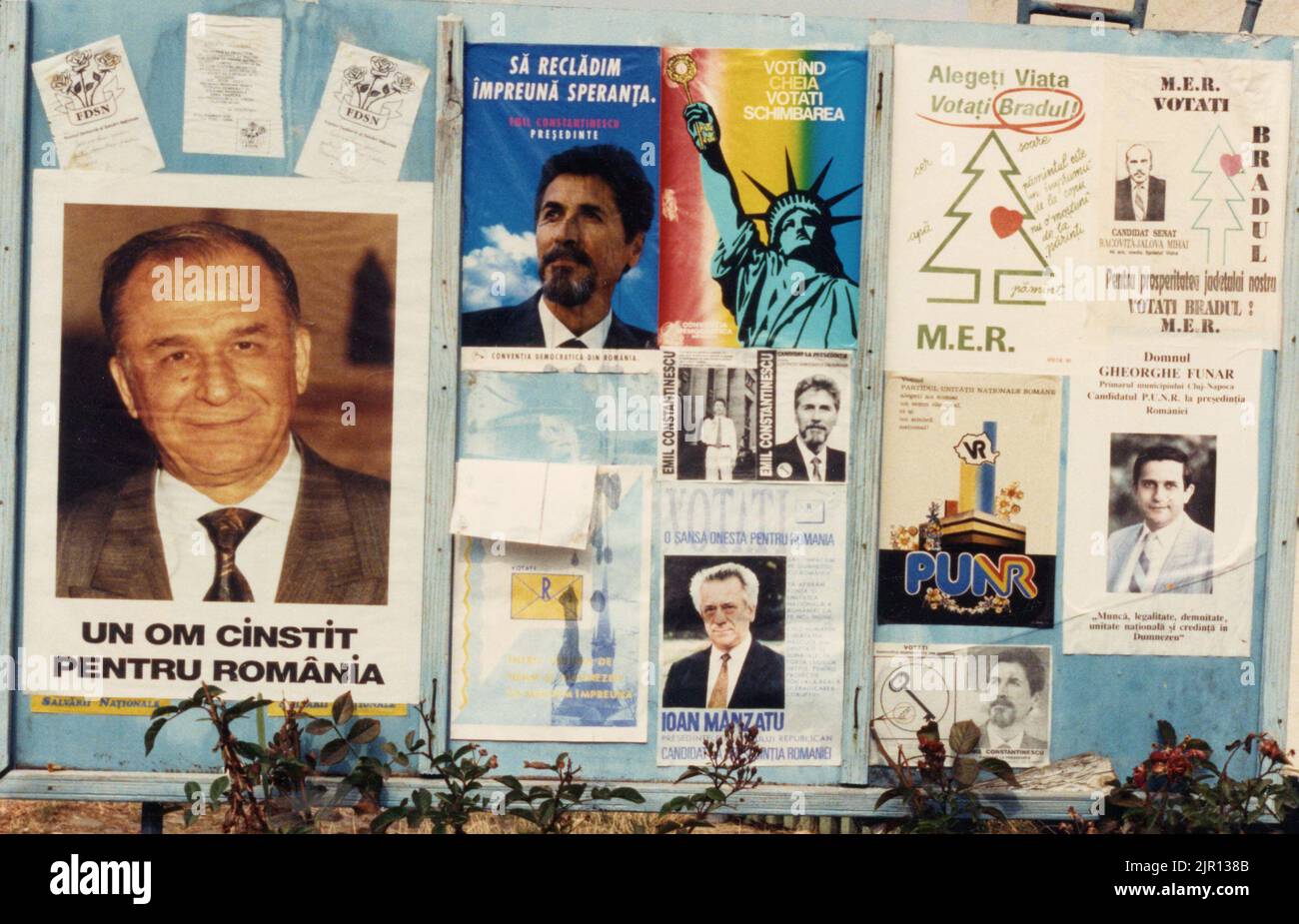Romania, 1992. Electoral posters in public place before the presidential elections. Stock Photo