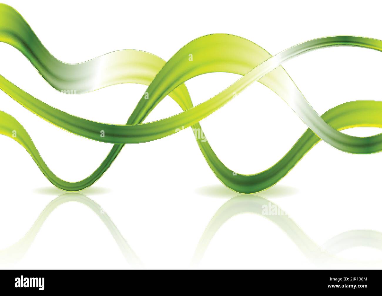 Bright glossy green waves on white background with reflection. Vector design Stock Vector
