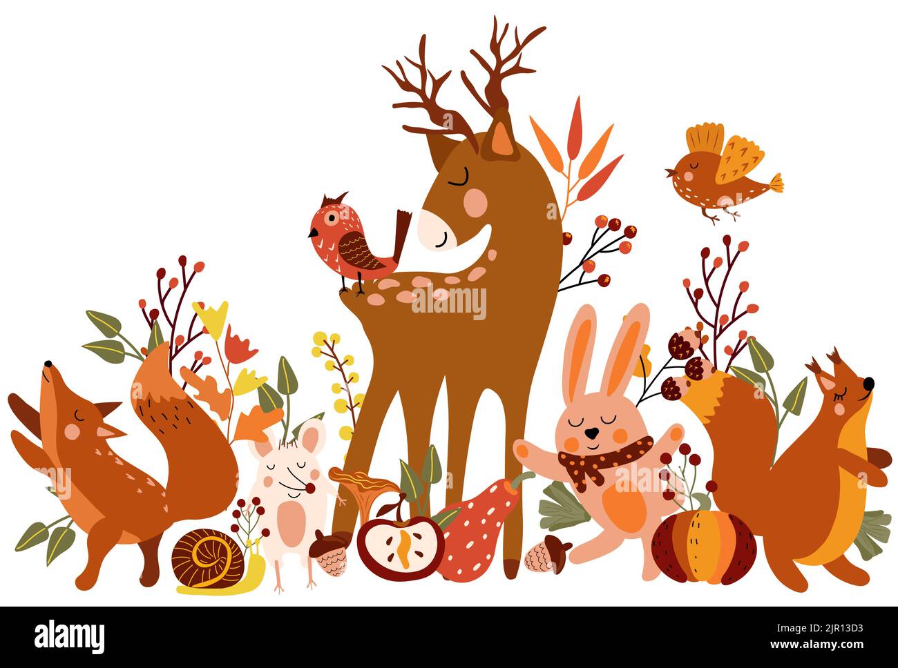 Cute Autumn Animals, Funny deer, cunning fox, mouse, fly bird, cute squirrel, and colorful pumpkin, leaves. Perfect for web, harvest festival, banner, poster, card and Thanksgiving. Vector. Stock Vector