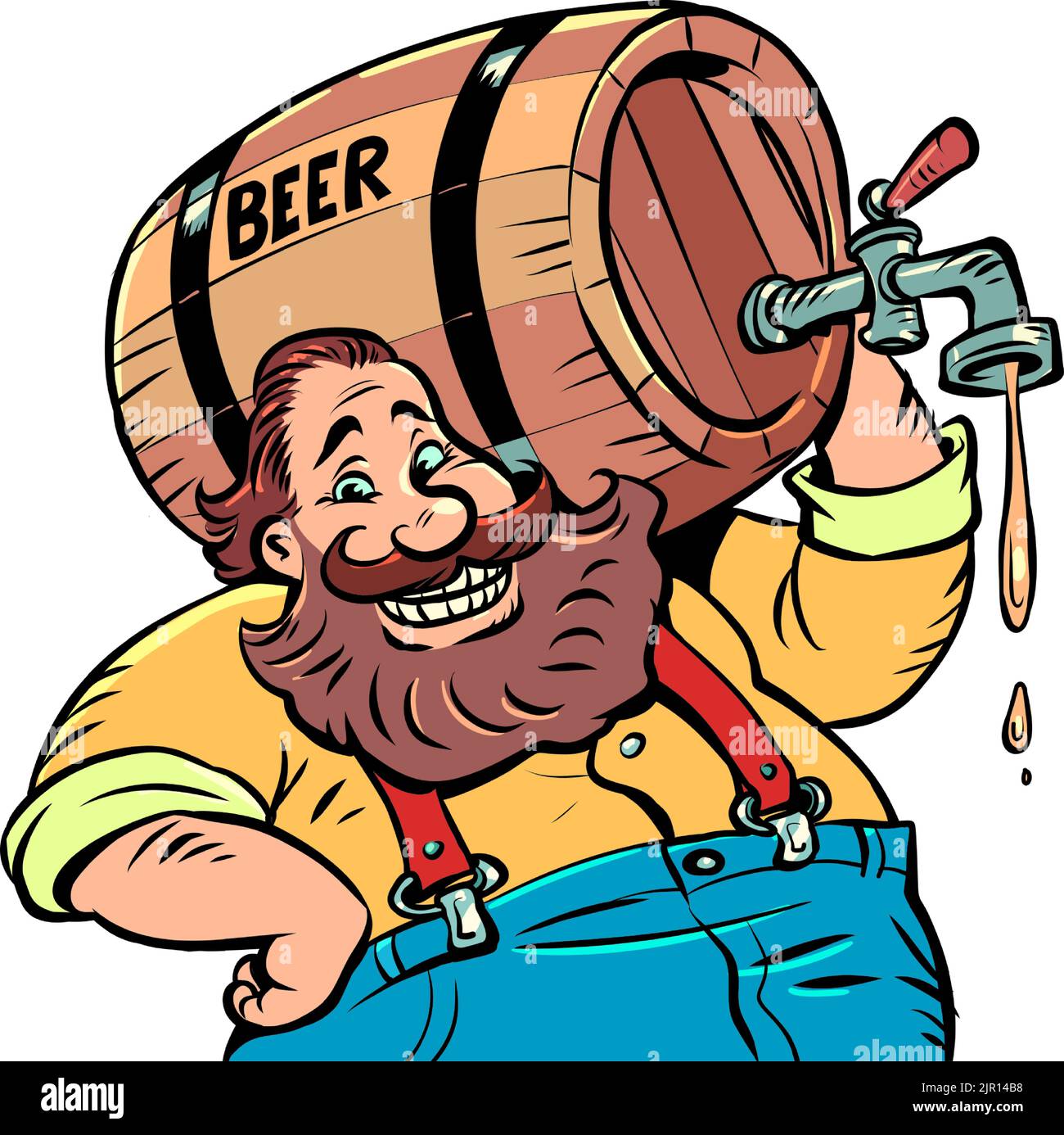 A man with a wooden barrel of beer. Alcoholic drink. Bavarian German tradition. comic cartoon kitsch vintage style hand drawing illustration Stock Vector