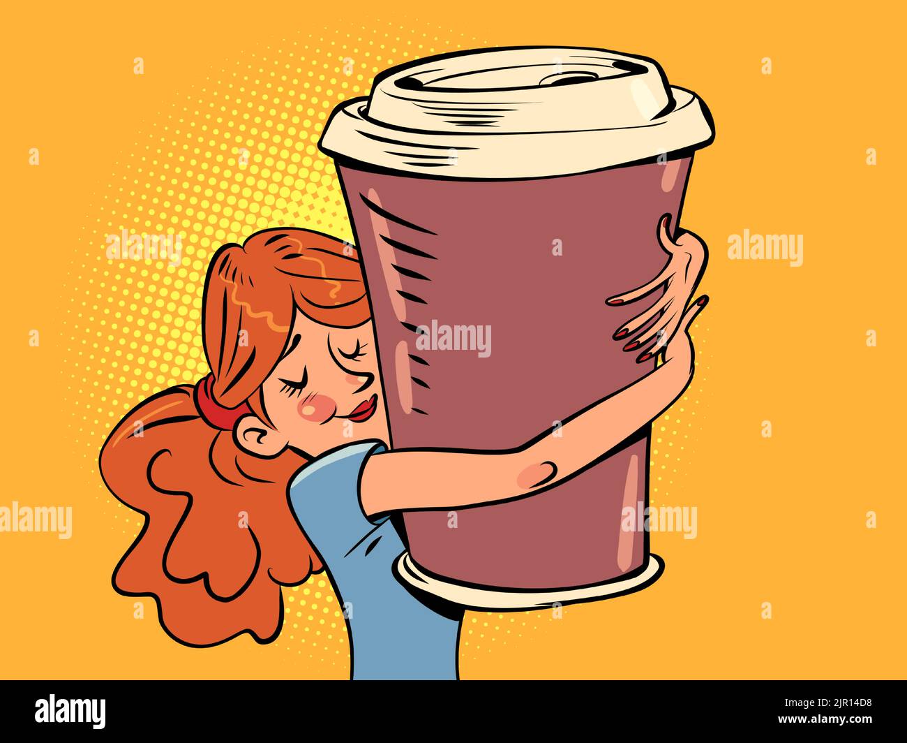 a young woman embraces a huge cup of coffee, a morning breakfast, a cheerful drink Stock Vector