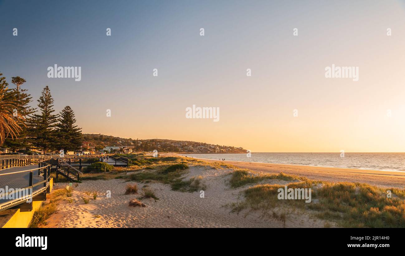Seacliff beach with new esplanade looking South at sunset, South Australia Stock Photo