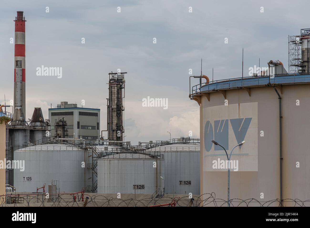 OMV Austria petrol and gas storage tanks in Refinery Schwechat Stock Photo