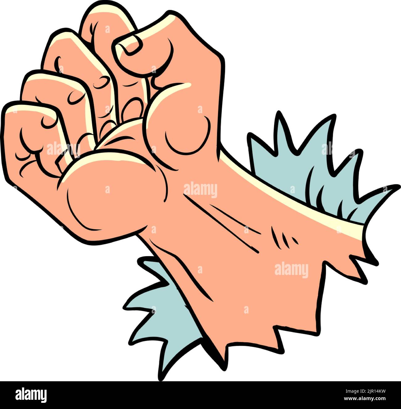 Male fist breaks through the wall, resistance rage force concept. Protest symbol. Blow body part arm Stock Vector