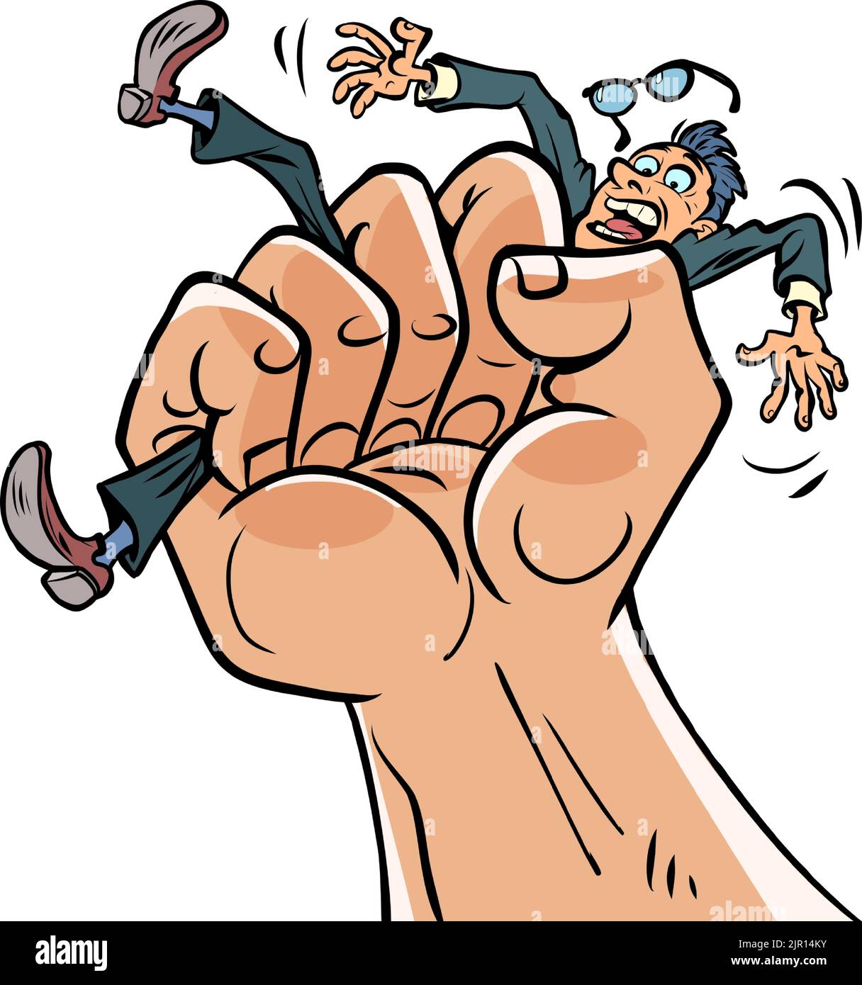 A mans fist squeezes a businessmans man. Pressure stress, politics and dictatorship concept Stock Vector