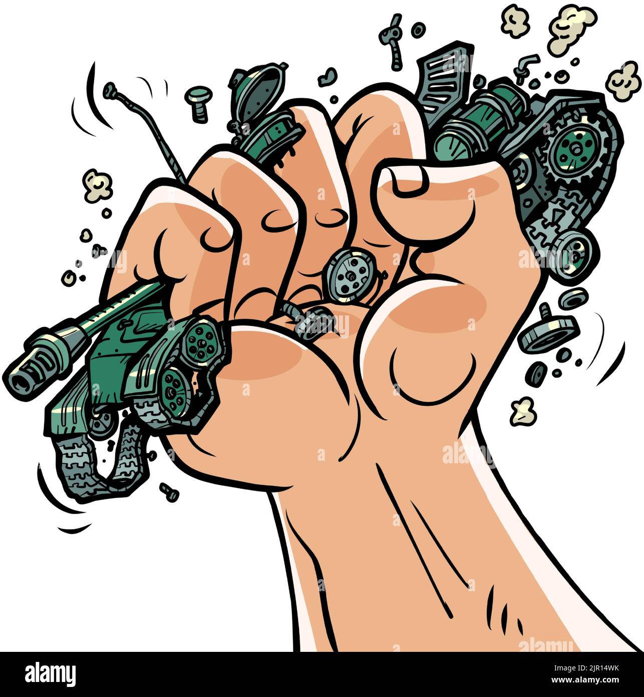 Pacifism. Protest against the war. Fist squeezes military equipment. Rage against Militarism. Comic cartoon hand illustration retro style Stock Vector