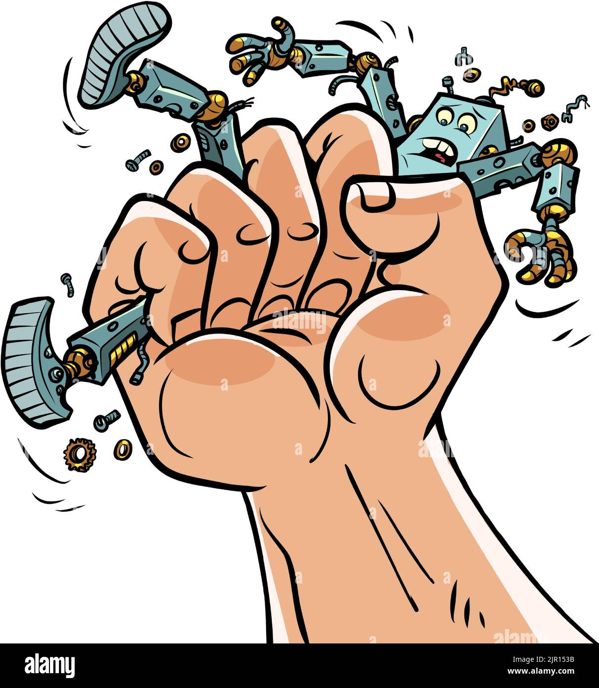a human fist squeezes a robot. Progress and competition are a symbol. Artificial intelligence is fighting for life. Comic cartoon hand illustration re Stock Vector