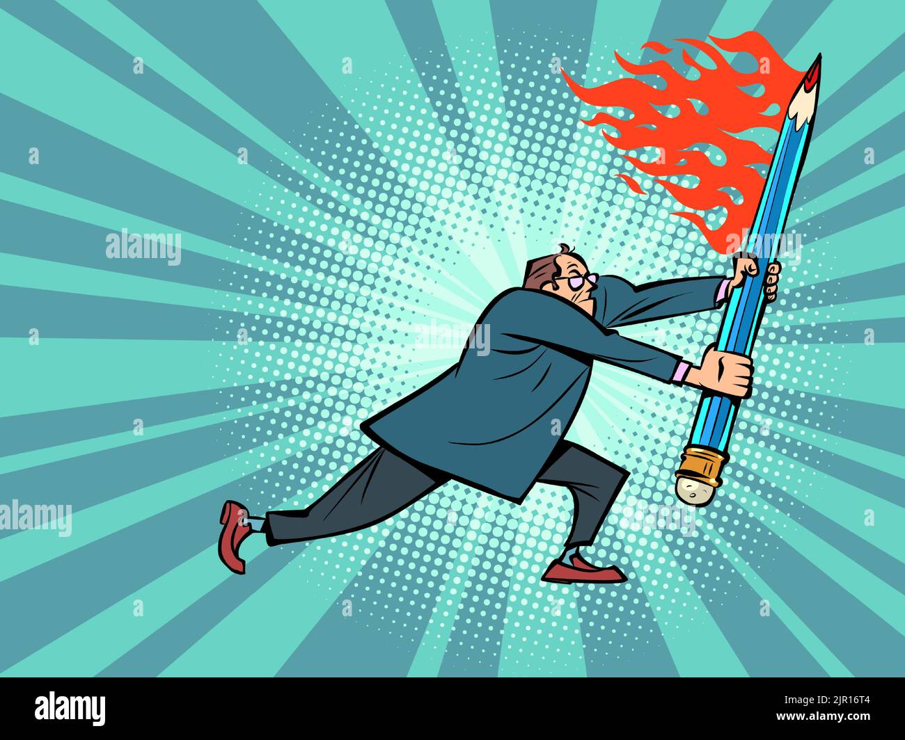 fire flame hot businessman with a pencil, office work. A male engineer. Office tools, office supplies. Comic cartoon hand illustration retro style Stock Vector