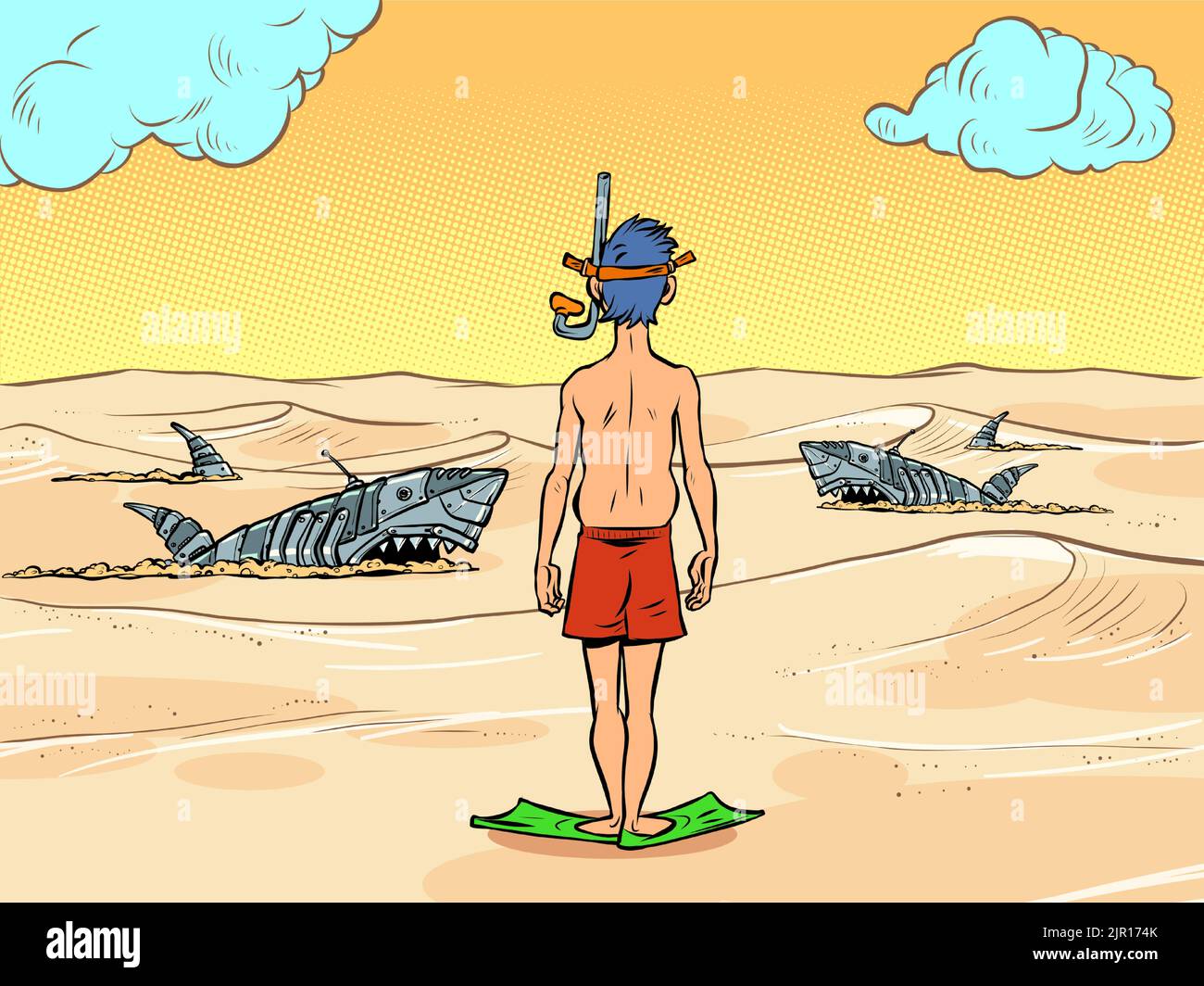 A tourist on the shore of a deserted sandy sea. Mechanical dangerous sharks swim in the sand Stock Vector