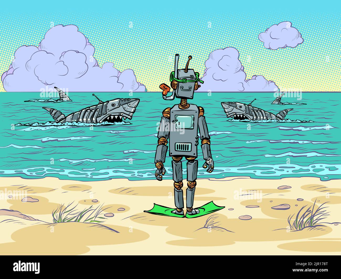 Robot tourist on the seashore. Mechanical dangerous sharks swim in the ocean Stock Vector