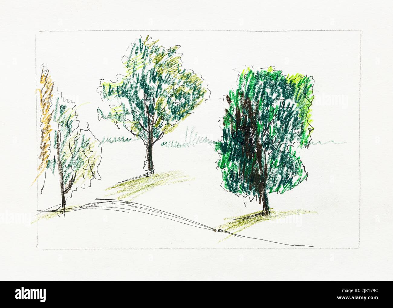 hand-drawn green trees by black pen and color pencils on old textured paper Stock Photo