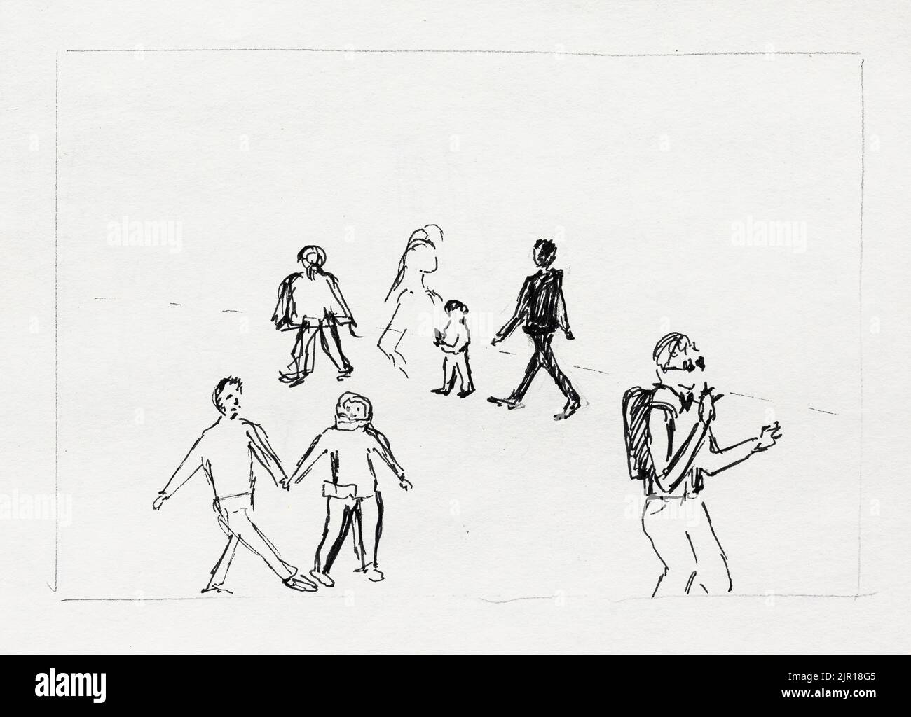 hand-drawn sketch of groups of walking people by black pen on old textured paper Stock Photo