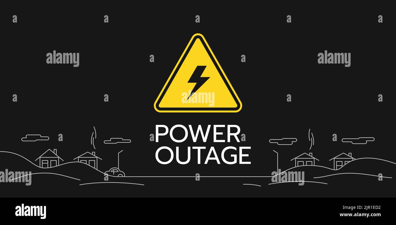 Power outage web banner has a warning sign with a lightning symbol and a line winter landscape of the village in snowdrifts. Editable line landscape. Stock Vector