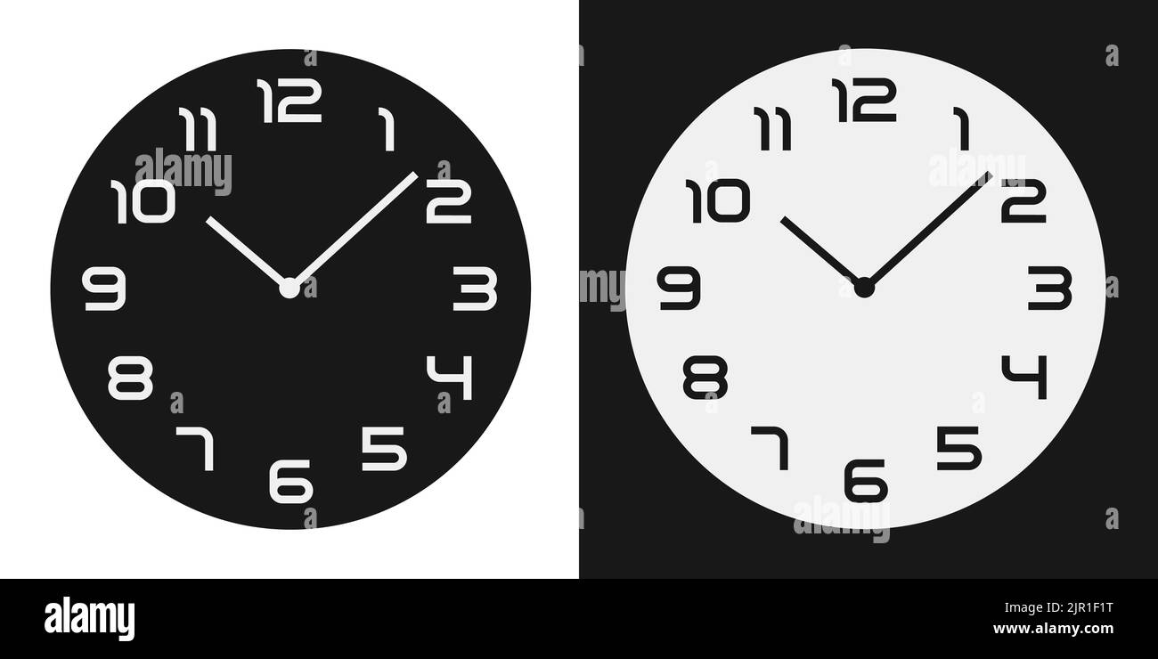 Set of wall clock faces with numbers and hands. Black and white