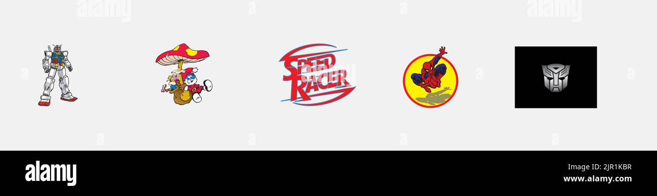Arts and design logo bundle: trd bencel john logo, troll face logo, Imperial Aquila logo, Rock And Roll High School logo, The Simpsons logo. Stock Vector