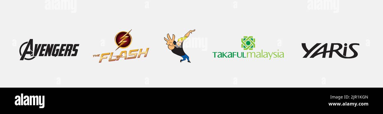 Arts and design logo bundle: Takaful Malaysia logo, Avengers logo, Johnny Bravo logo, Yaris logo, Flash logo, Arts and design logo vector illustration Stock Vector