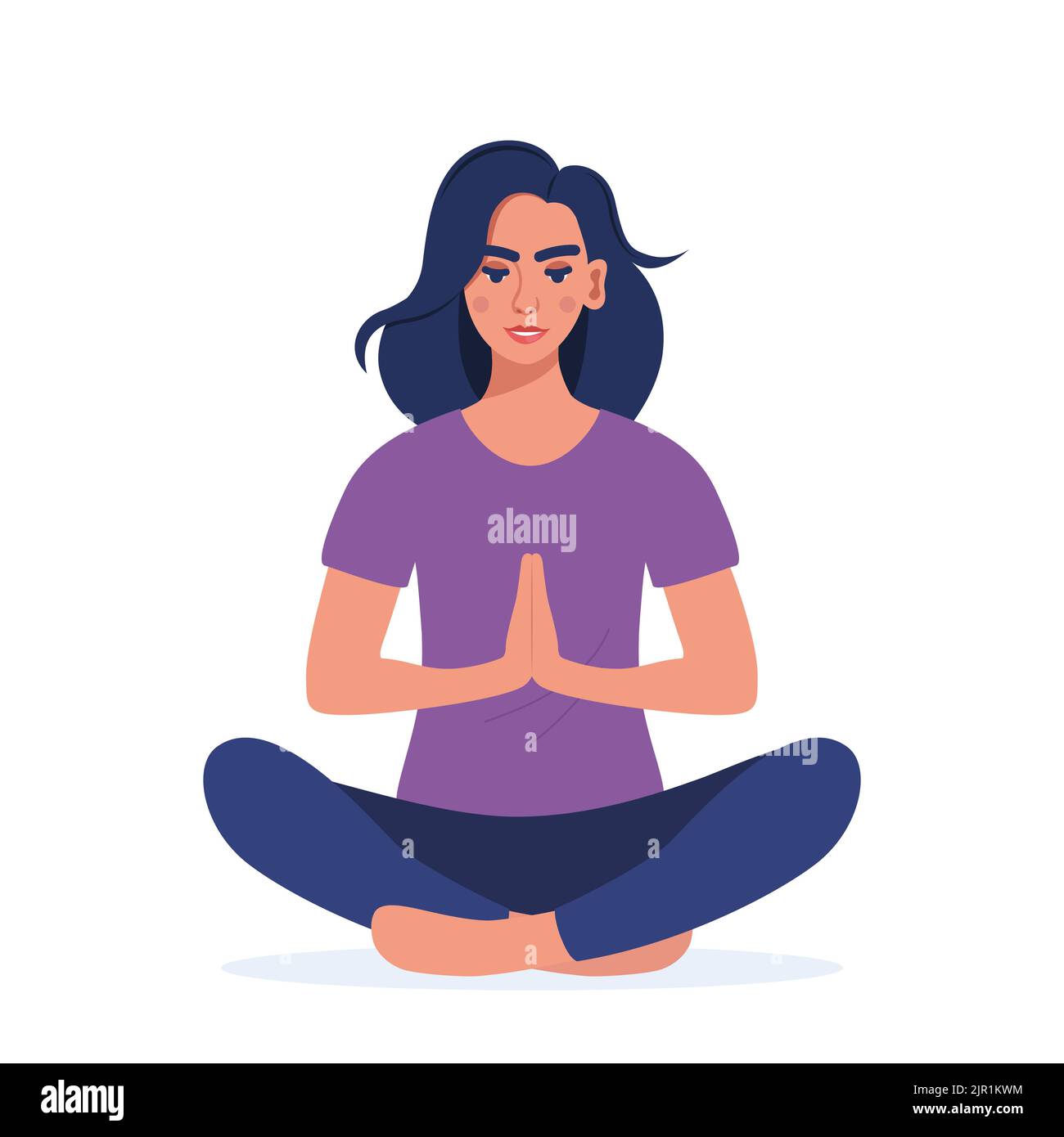 Young woman sitting cross legged on floor and meditating. Meditation