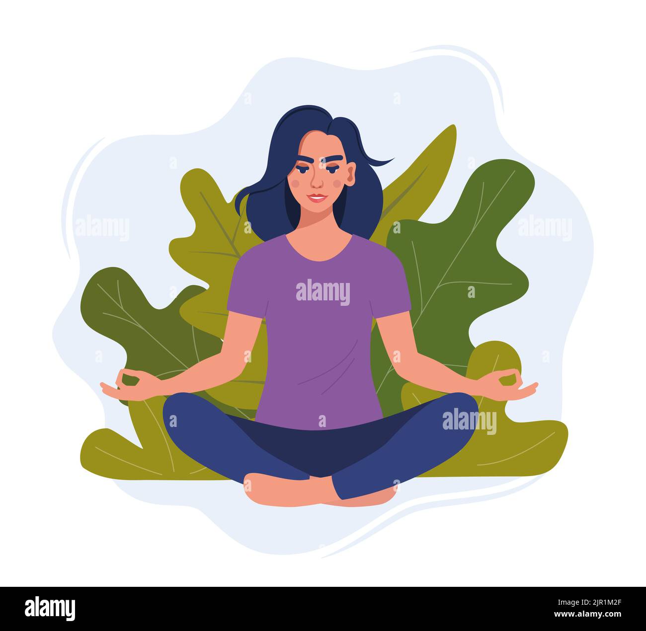 Young woman sitting cross legged on floor and meditating. Meditation