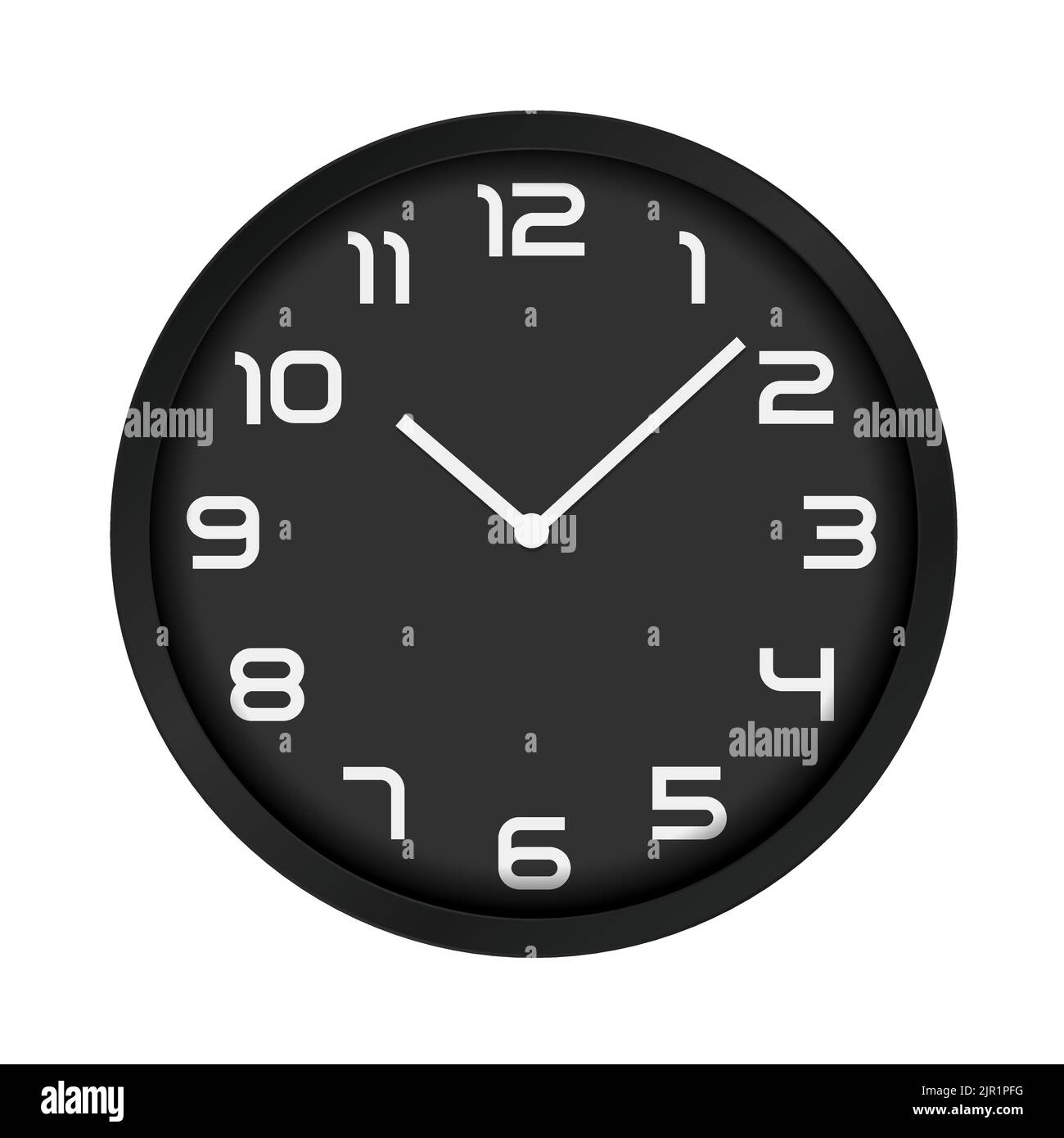 Black wall clock with numbers and hands. Isolated on white background