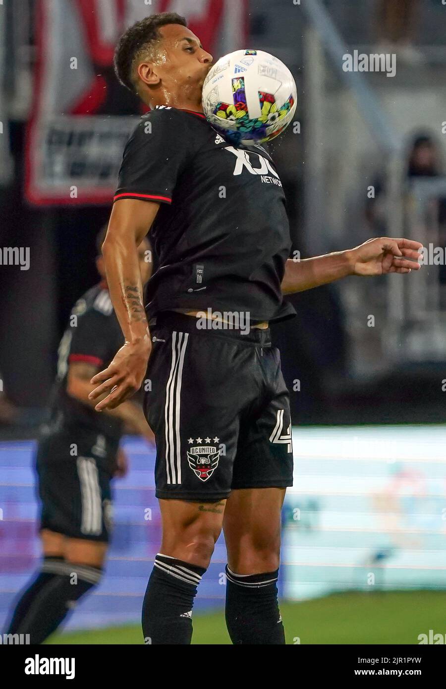 WASHINGTON, DC, USA - 20 AUGUST 2022: D.C. United midfielder Ravel Morrison (49) chests down the ball during a MLS match between D.C United and the Philadelphia Union on August 20, 2022, at Audi Field, in Washington, DC. (Photo by Tony Quinn-Alamy Live News) Stock Photo