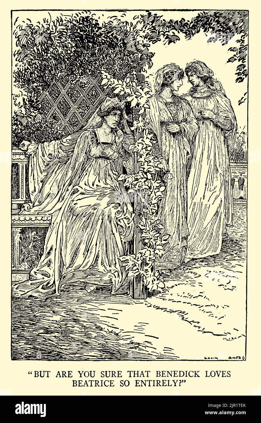 But Are You Sure that Benedick Loves Beatrice So Entirely? MUCH ADO ABOUT NOTHING from the book ' Tales from Shakespeare ' by William Shakespeare edited by Charles and Mary Lamb Illustrated by Louis Rhead, Publisher New York, London, Harper & Bros in 1918 Stock Photo
