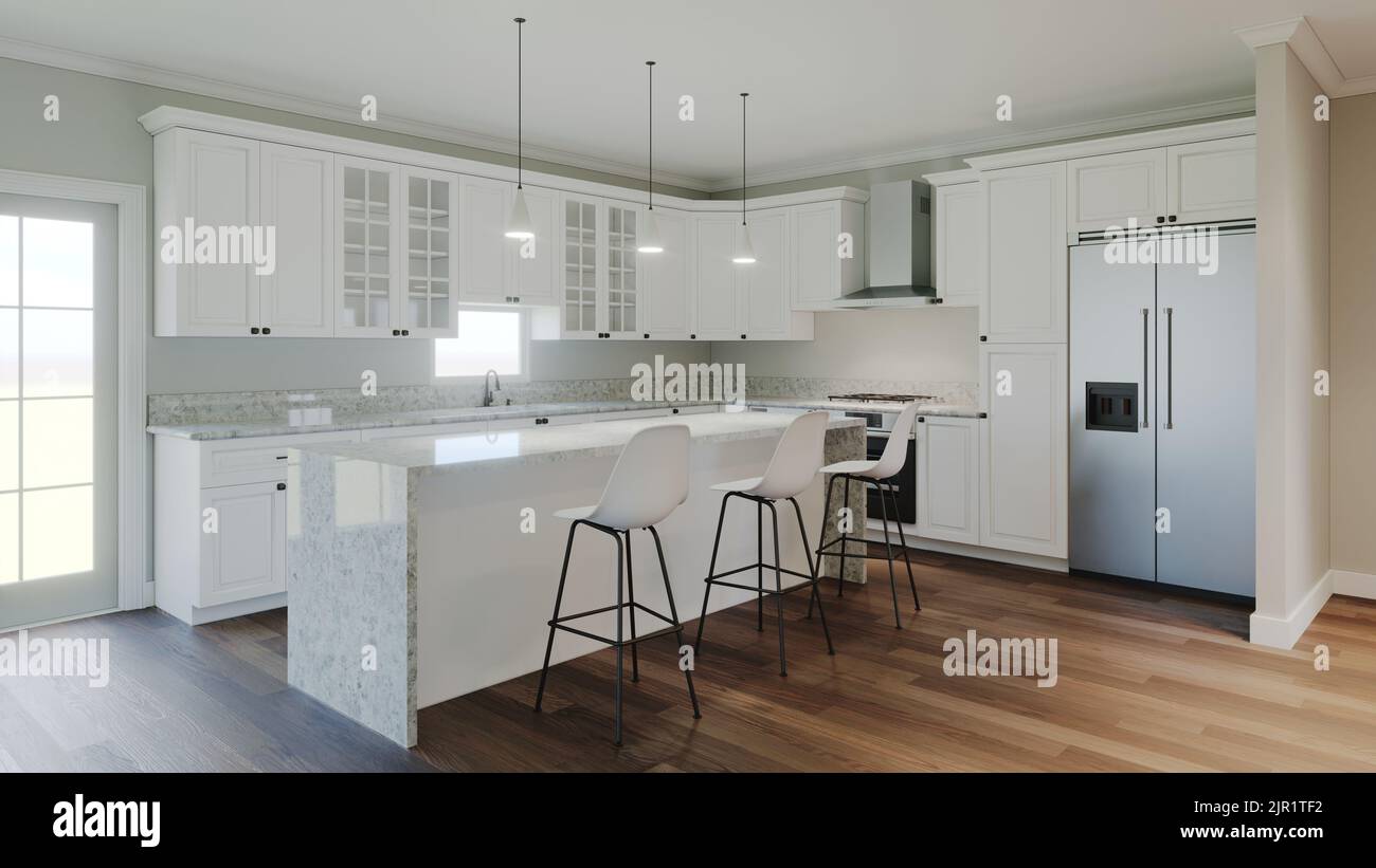 3d rendering of an interior with a white kitchen Stock Photo - Alamy