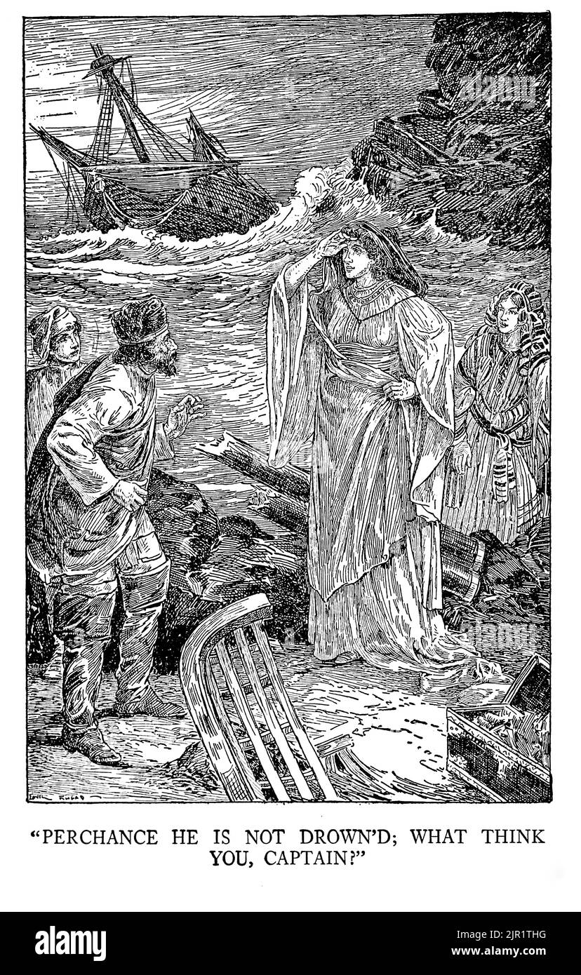 Perchance He Is Not Drown'd; What Think You, Captain ? - TWELFTH NIGHT; OR, WHAT YOU WILL from the book ' Tales from Shakespeare ' by William Shakespeare edited by Charles and Mary Lamb Illustrated by Louis Rhead, Publisher New York, London, Harper & Bros in 1918 Stock Photo