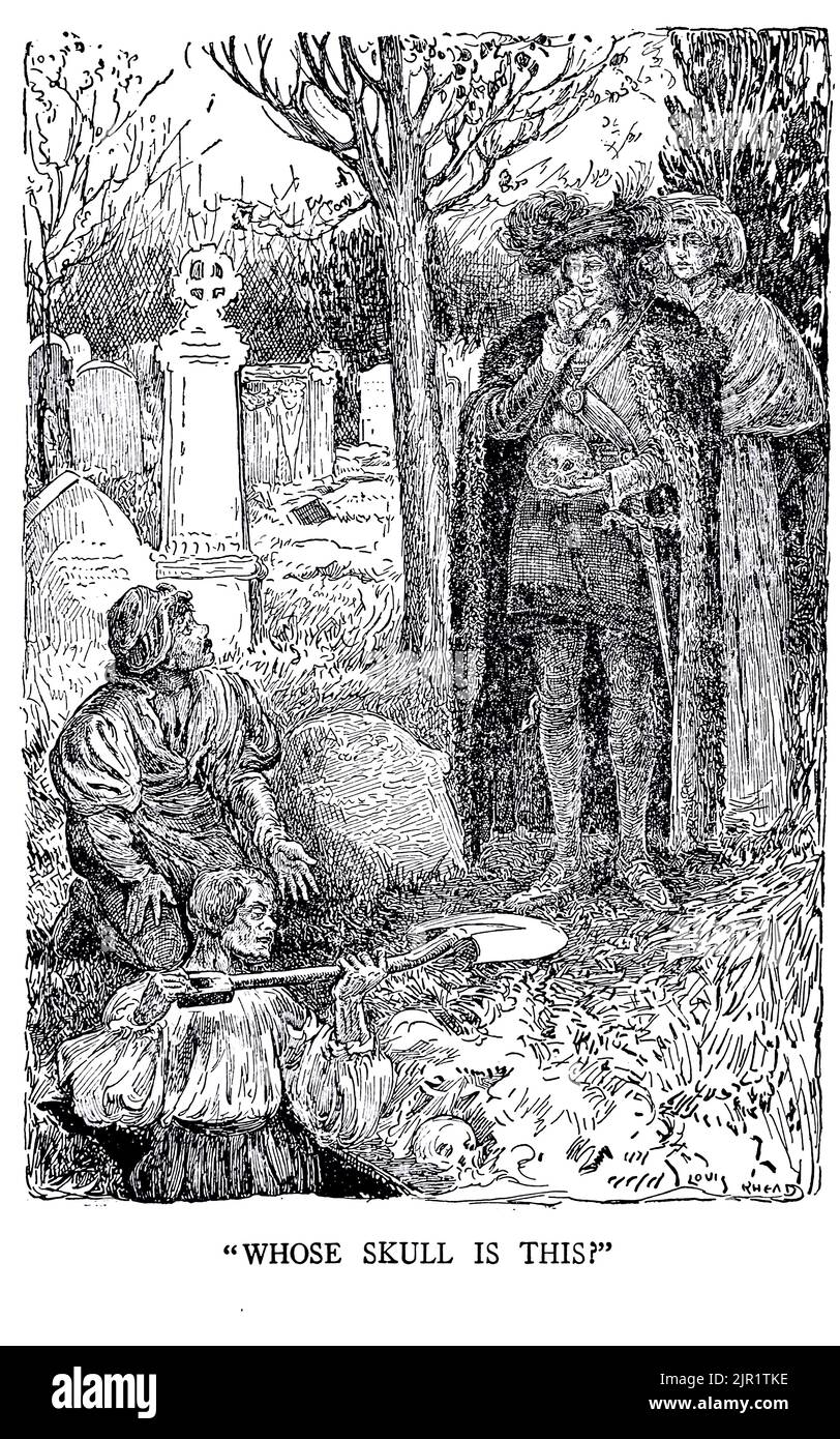 Whose Skull Is This? - HAMLET, PRINCE OF DENMARK from the book ' Tales from Shakespeare ' by William Shakespeare edited by Charles and Mary Lamb Illustrated by Louis Rhead, Publisher New York, London, Harper & Bros in 1918 Stock Photo