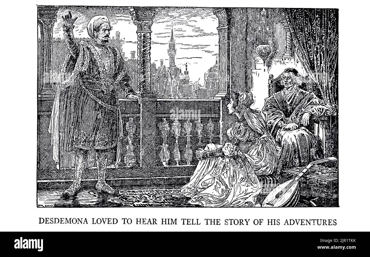 Desdemona Loved to Hear Him Tell the Story of His Adventures - OTHELLO from the book ' Tales from Shakespeare ' by William Shakespeare edited by Charles and Mary Lamb Illustrated by Louis Rhead, Publisher New York, London, Harper & Bros in 1918 Stock Photo