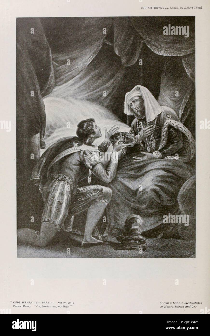 KING HENRY IV PART II ACT iv, sc 5 Prince Henry : ' Oh. Pardon me: my liege by JOSIAH BOYDELL (Engraved hy Robert Thew) from the book '  Shakespeare in pictorial art ' by Salaman, Malcolm Charles, 1855-1940; Holme, Charles, 1848-1923 Publication date 1916 Publisher London, New York [etc.] : 'The Studio' ltd. Stock Photo