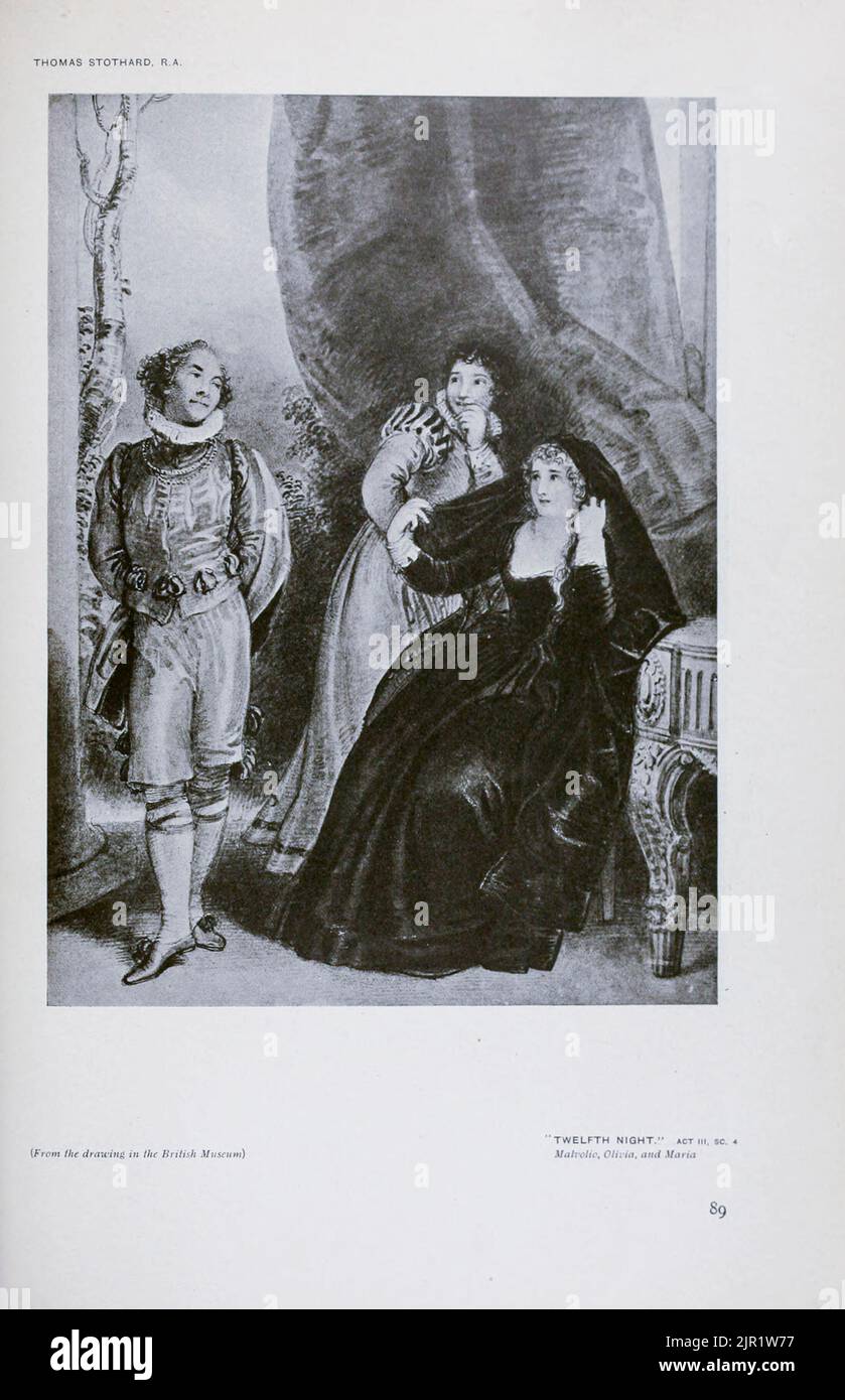 TWELFTH NIGHT act iii, sc. 4 Malvolio, Olivia and Maria by THOMAS STOTHARD. R.A. from the book '  Shakespeare in pictorial art ' by Salaman, Malcolm Charles, 1855-1940; Holme, Charles, 1848-1923 Publication date 1916 Publisher London, New York [etc.] : 'The Studio' ltd. Stock Photo