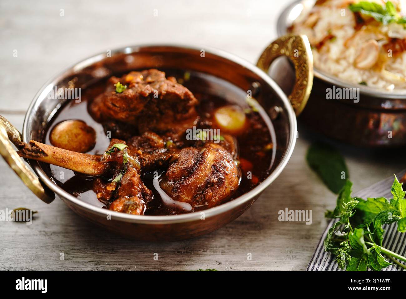 Malabar Chicken curry served with ghee rice or Nei choru, selective focus Stock Photo