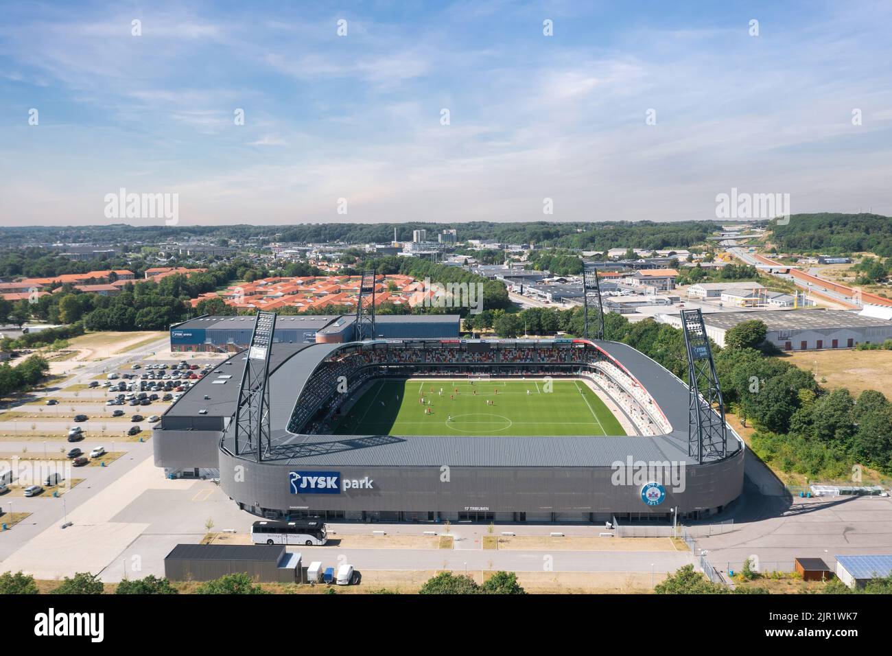 Silkeborg, Denmark - August 2022: Aerial drone panoramic view over JYSK Park, home stadium for football club Silkeborg IF Stock Photo
