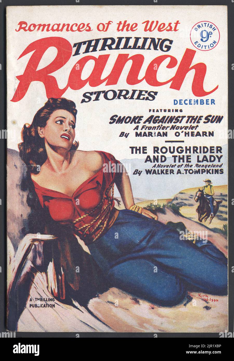 Thrilling Ranch Stories magazine, British Edition, price 9d. January 1951 issue, published monthly. Atlas Publishing, London.  Reprinted from an American original. Cover art Kirk Wilson. These monthly magazines were chock full of serialised short stories, and Thrilling Ranch Stories began in America in 1933.  Some time in the late 1940s Atlas licensed the rights for Britain, and the magazines were reproduced more or less exactly, although the covers were copied so had a coarser print screen.  They followed a couple of months behind the American release. Stock Photo