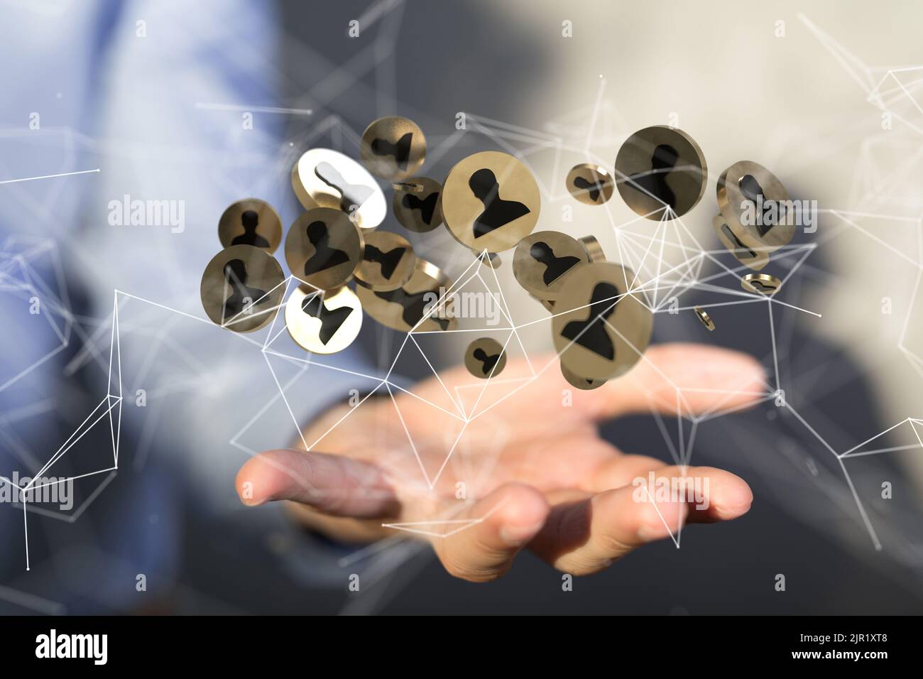 A hand holding a 3D illustrative net connected with account icons, a ...