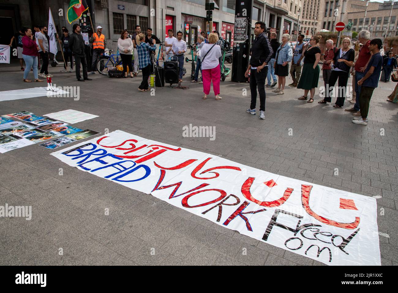 Brussels. Belgium, 21 August 2022, Illustration shows  a gathering of Afghan refugees and organisations at Brussels central station, as Taliban are in power for one year and it is also forty years of war and occupation, Sunday 21 August 2022 in Brussels. BELGA PHOTO NICOLAS MAETERLINCK Stock Photo