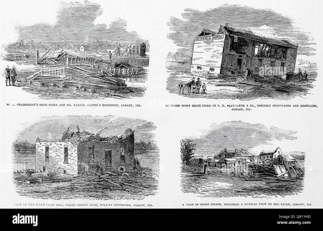 Scenes of destruction in Illinois caused by The Great Camanche Tornado of 1860 - W. A. Chamberlin's drug store and Mr. Samuel Happer's residence - Three story brick store of S. H. Slaymaker, entirely perforated and shattered - Steam grist mill, three stories high, totally destroyed. June, 1860. 19th century illustration from Frank Leslie's Illustrated Newspaper Stock Photo