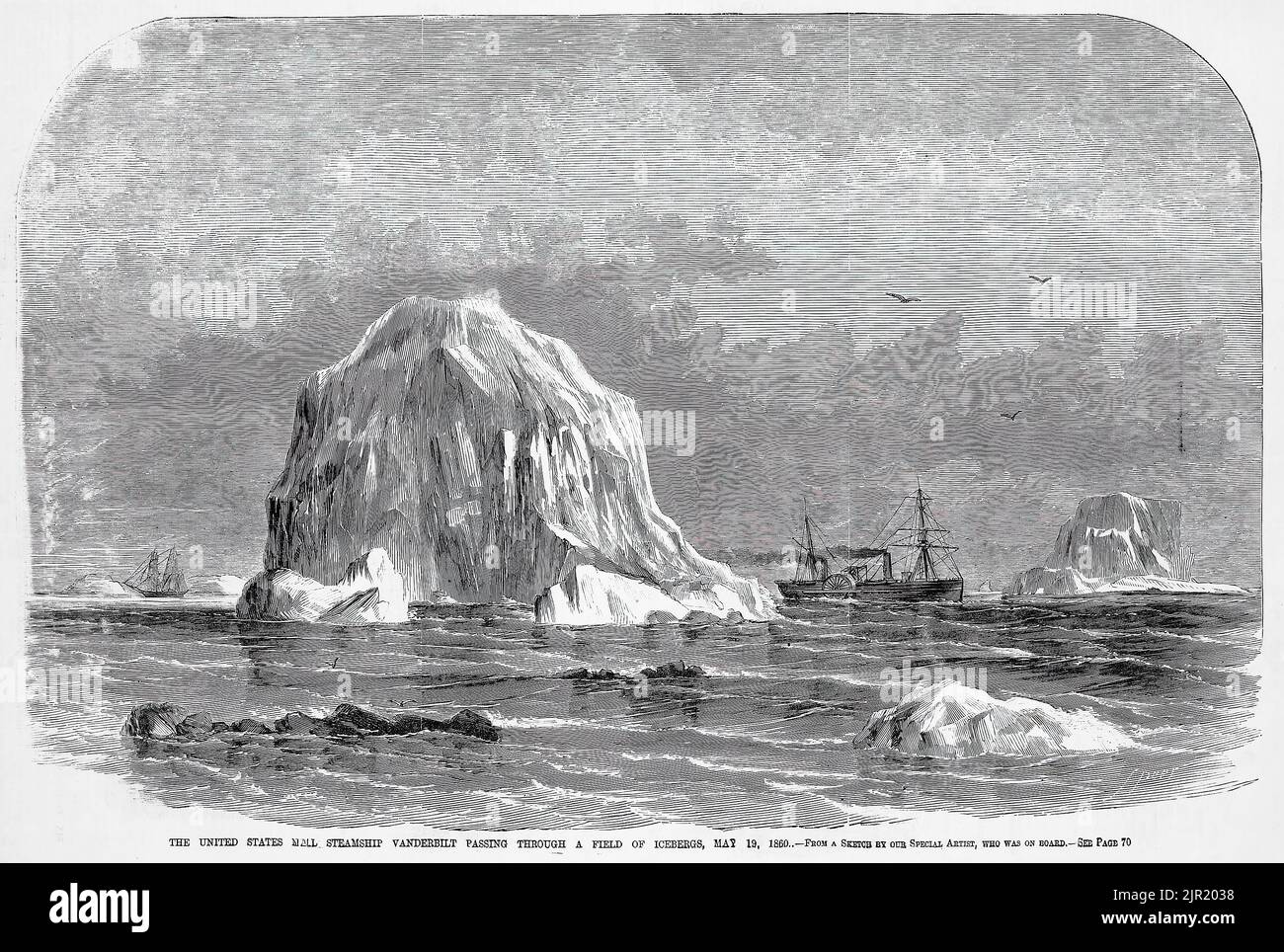 The United States Mail Steamship Vanderbilt passing through a field of icebergs, May 19th, 1860. 19th century illustration from Frank Leslie's Illustrated Newspaper Stock Photo