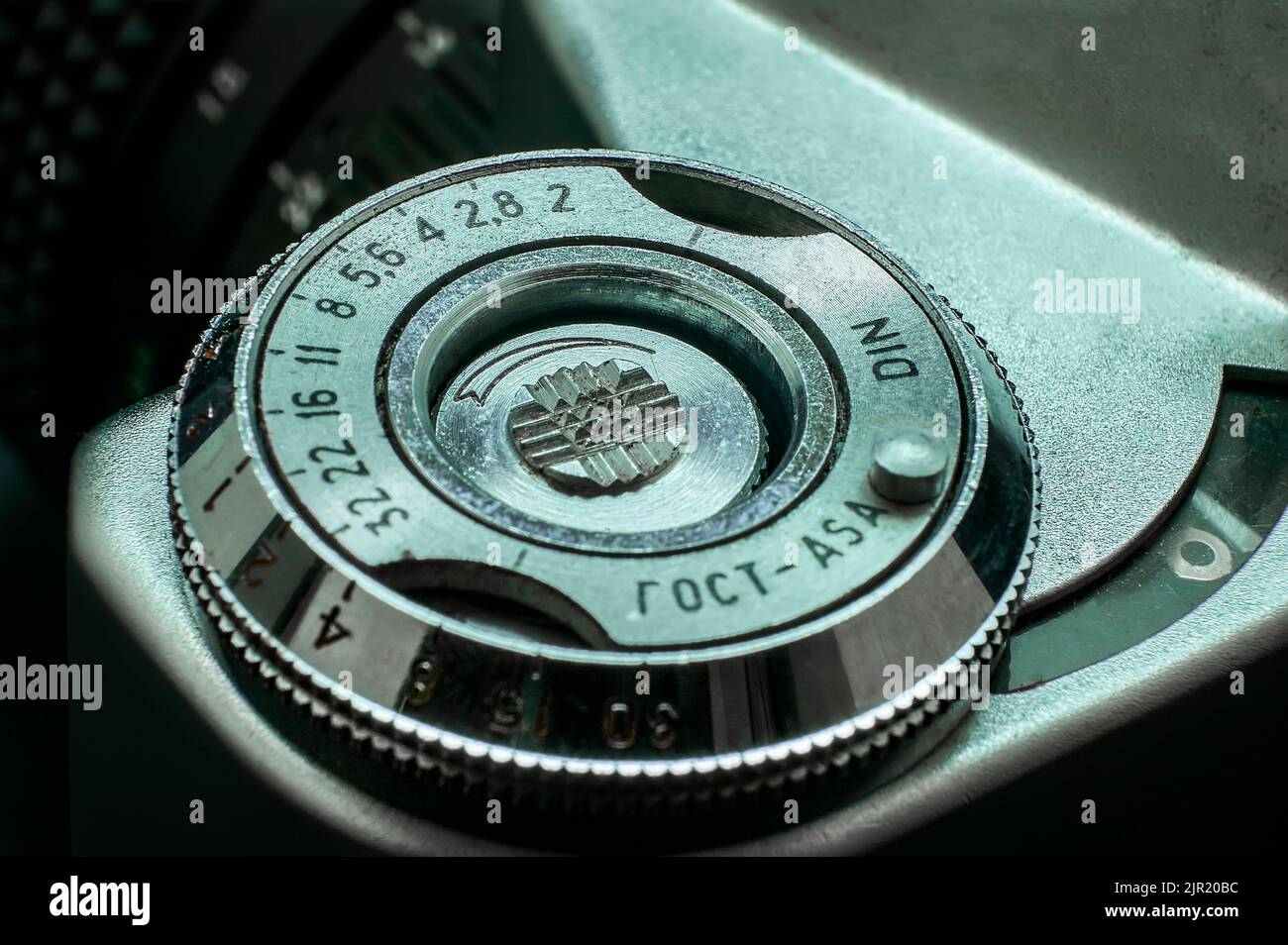 Detail of the iso (or asa) regiment ring in an old vintage camera from the 70s. Stock Photo