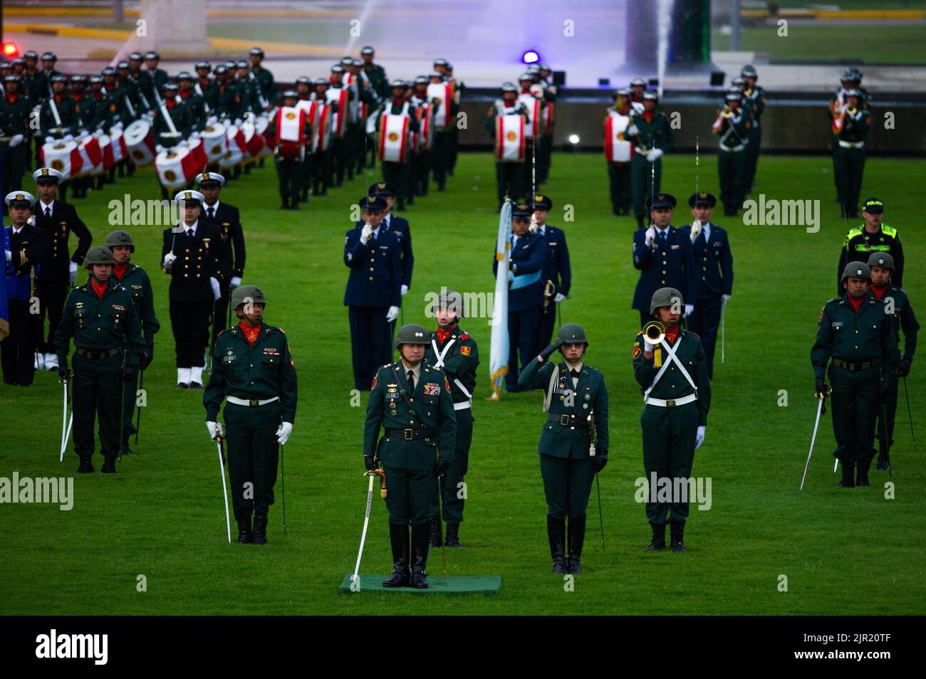 Colombia's military cadets form during the swearing-in ceremony of Colombia's minister of Defense Ivan Velasquez and the military command line, at the Stock Photo