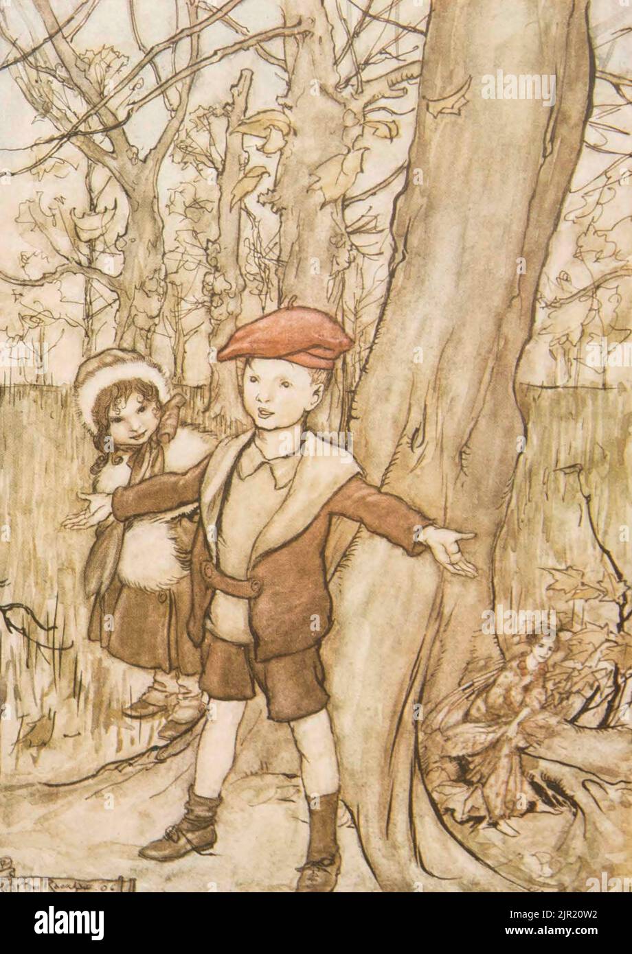 One day they were overheard by a fairy from the book ' Peter Pan in Kensington Gardens ' from ' The little white bird ' by Barrie, J. M (James Matthew) 1860-1937,  Illustrated by Arthur Rackham Publisher Hodder & Stoughton 1910 Stock Photo
