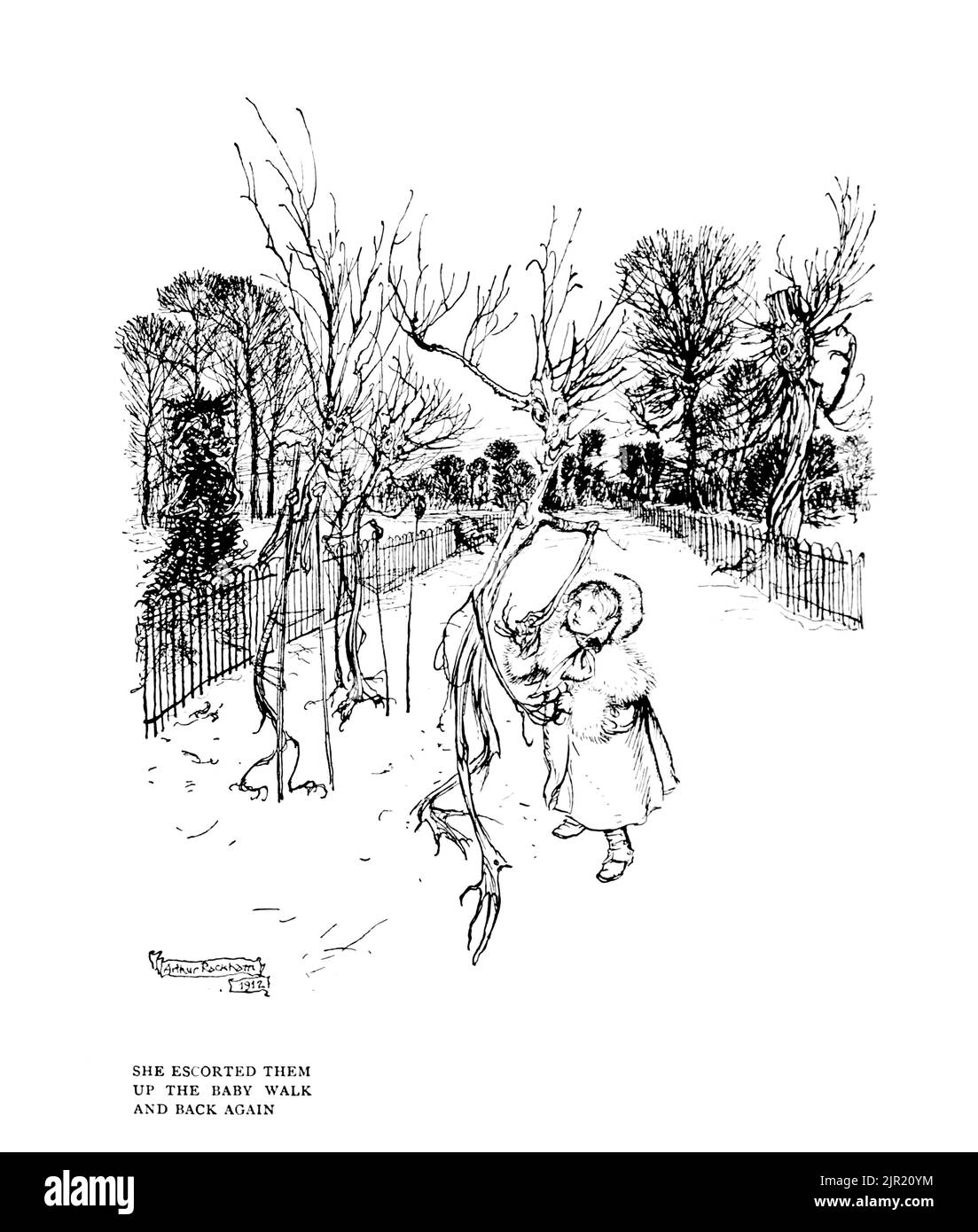 SHE ESCORTED THEM UP THE BABY WALK AND BACK AGAIN from the book ' Peter Pan in Kensington Gardens ' from ' The little white bird ' by Barrie, J. M (James Matthew) 1860-1937,  Illustrated by Arthur Rackham Publisher Hodder & Stoughton 1910 Stock Photo
