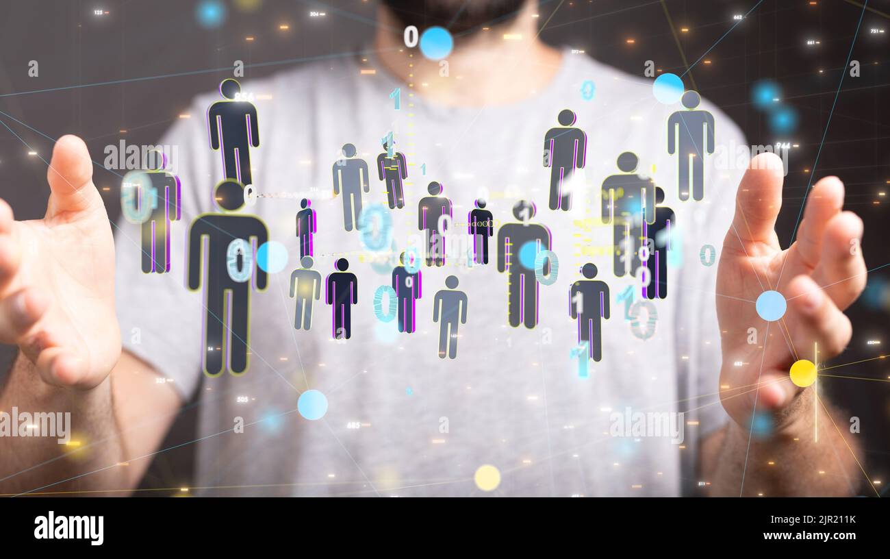 A 3d rendering of connected profile icons floating on a palm of a hand ...