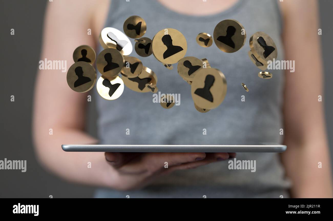A 3d rendering of connected profile icons floating on a phone Stock ...