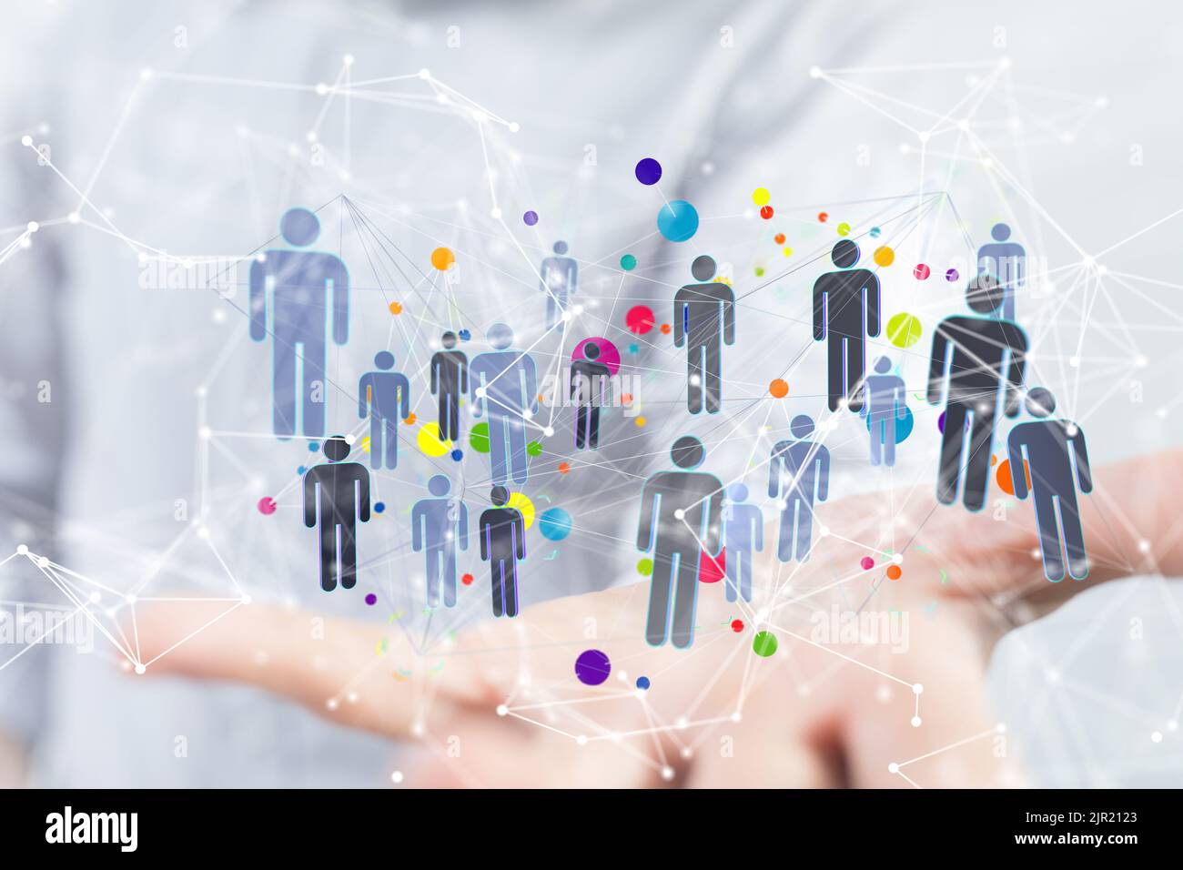 A 3d rendering of connected profile icons floating on a palm of a hand ...