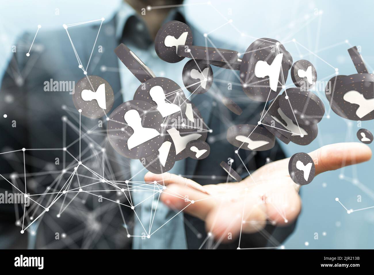 A 3d rendering of connected profile icons floating on a palm of a hand ...