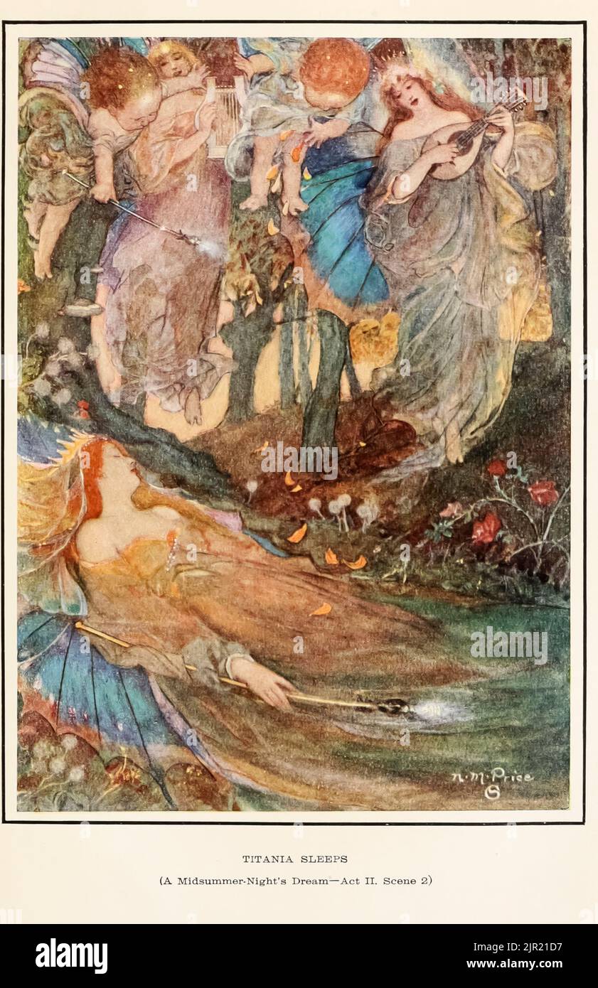 TITANIA SLEEPS (A Midsummer-Night's Dream Act II. Scene 2) from the book ' Tales from Shakespeare ' by William Shakespeare edited by Charles and Mary Lamb Illustrated by Norman M. Price Publisher New York : Scribner ; London : T.C. & E.C.  Jack in 1915 Stock Photo